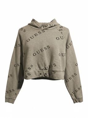 GUESS Taupe All-Over Logo Cropped Hoodie